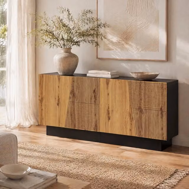 Sideboard 160 cm con ripiano regolabile; pannello truciolare; nero e legno