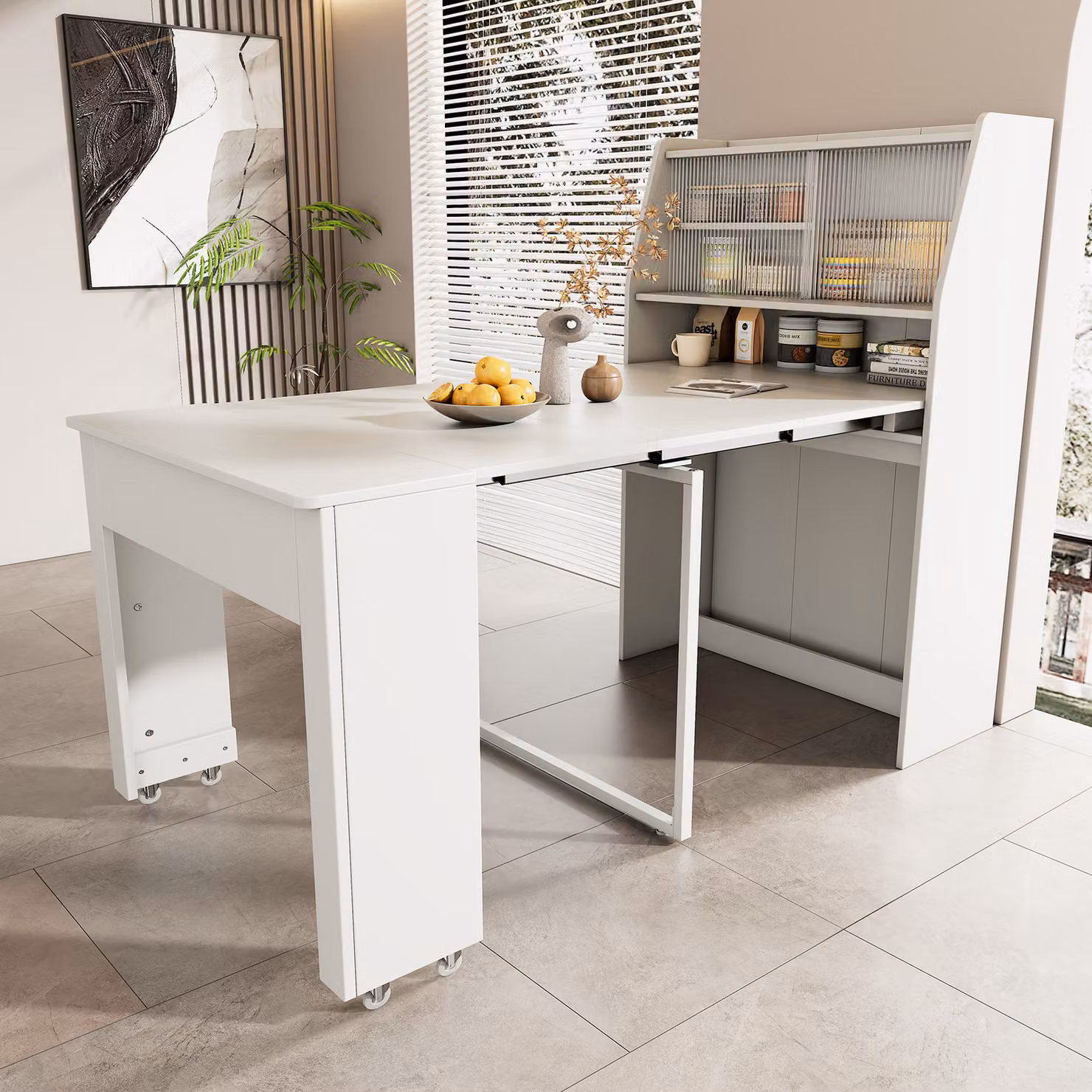 Tavolo da pranzo allungabile Flieks, tavolo da cucina con credenza, tavolo da sala da pranzo rettangolare con spazio di archiviazione, set da sala da pranzo con cassettiera, 132,5x80x120cm, bianco