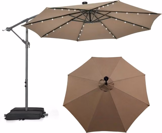 Ombrellone pendente da esterno con 32 luci LED a pannello solare e sacco di sabbia, Marrone