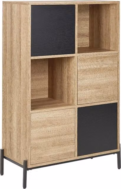Libreria bassa BELIANI moderna con 4 armadi e 2 scaffali aperti in legno, MDF e metallo, colori marrone, grigio e beige, L: 135 cm, H: 80 cm, P: 40 cm