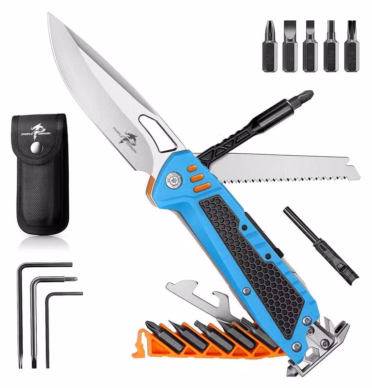 Multitool pieghevole 13 in 1, acciaio inossidabile, colore blu, con punte magnetiche e custodia