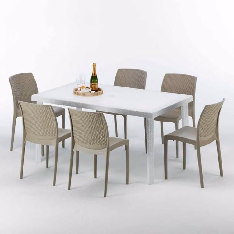 Tavolo rettangolare bianco e 6 sedie Set di bastoni da esterno in polipropilene colorato Grand Soleil Boheme Summerlife - Beige