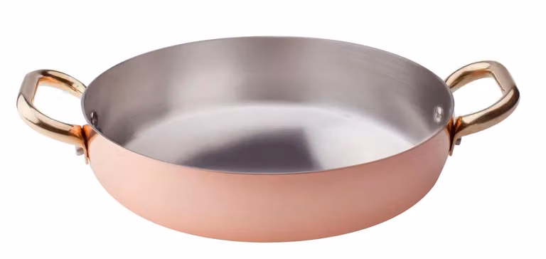 Tegame in rame liscio stagnato a mano 2mm, due maniglie in ottone, diam. 36cm