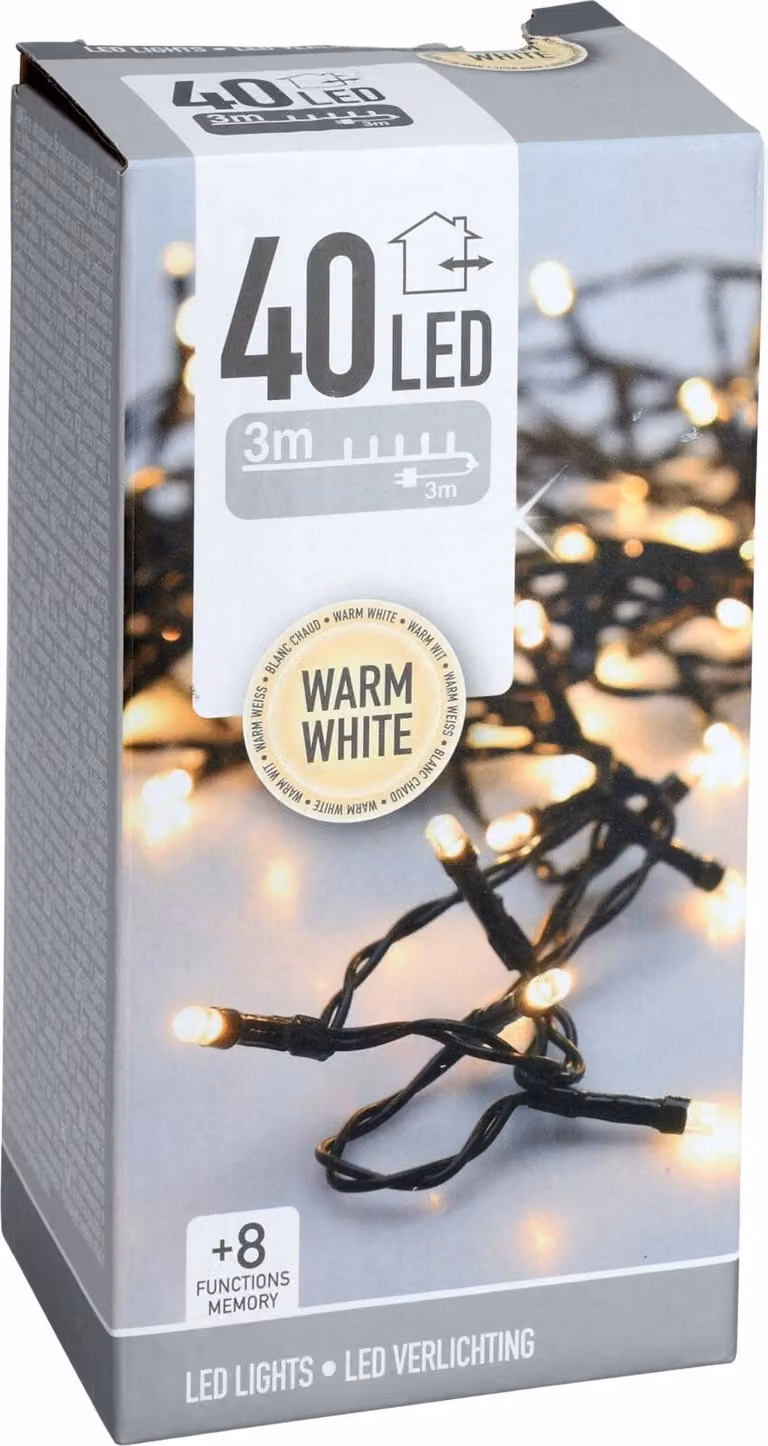 Fata LED bianco caldo, 40 LED, cavo verde, interno/esterno, 6 m