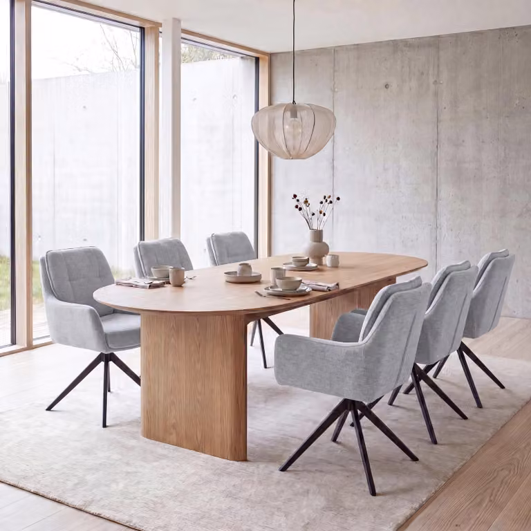 Set di 6 sedie da pranzo modello HWC-Q37, sedia girevole per cucina con sistema di ritorno automatico, rivestita in tessuto chenille (680g/m²), struttura in metallo, colore grigio chiaro