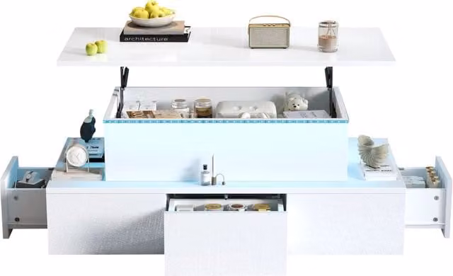 Tavolino Alzabile REDOM Bianco Lucido in MDF con Meccanismo Regolabile in Altezza L/P/H: 100 x 50 x 40 cm – 1