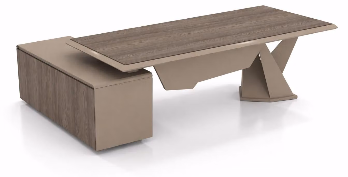 Set da scrivania moderno, in legno e metallo, color beige e noce, design da ufficio
