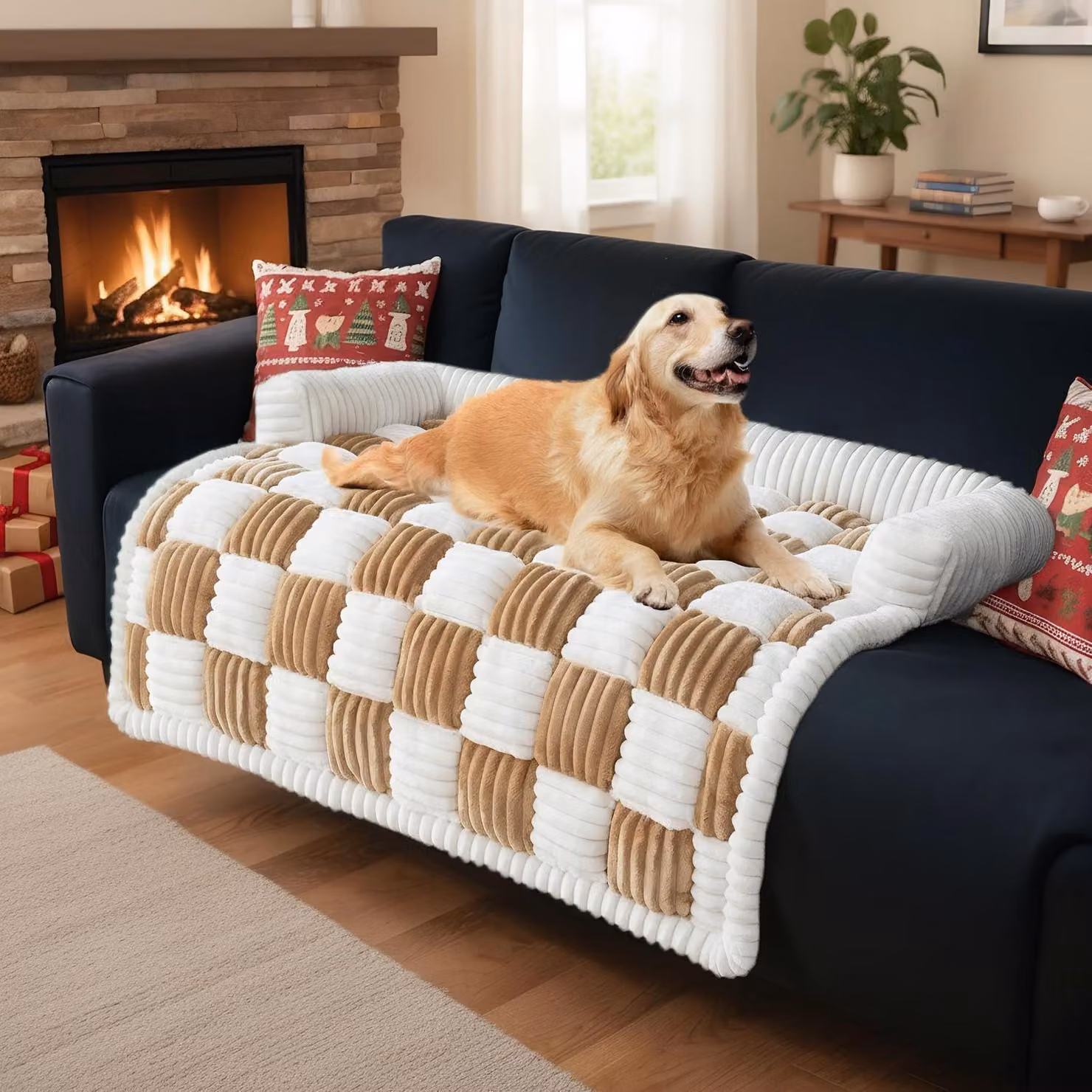 Copertura lavabile per divano da cani, in peluche, color beige chiaro, dimensioni: lunghezza 90 cm, larghezza 90 cm, altezza 13 cm