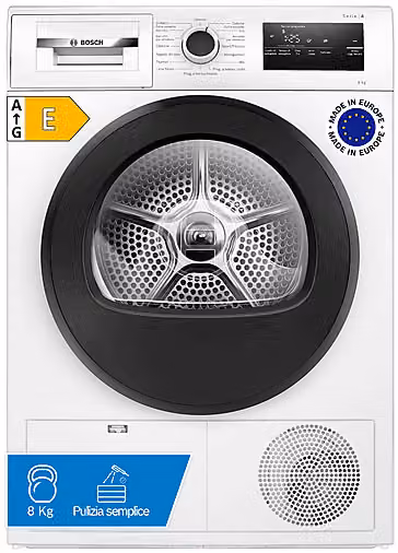 Asciugatrice a pompa di calore Bosch WTH85298II, capacità 8 kg, colore bianco, Profondità: 66,5 cm, Classe E