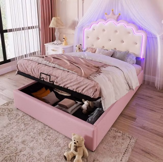 Letto imbottito ULEVR 140x200 cm con contenitore idraulico, luce LED e testiera a corona, PU rosa