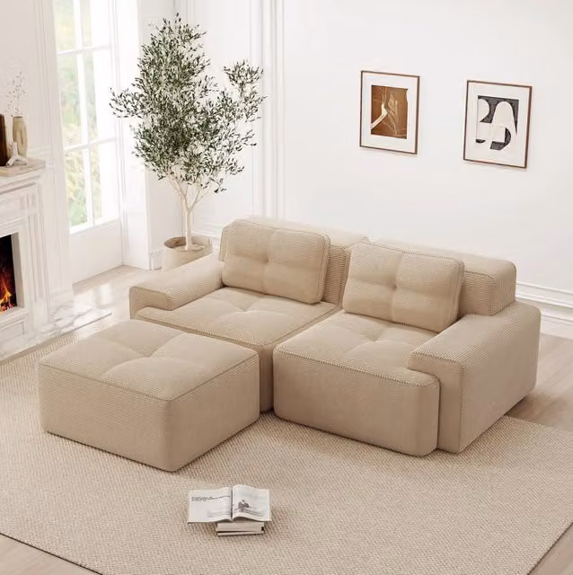 Divano modulare basso in velluto a coste beige con seduta profonda HOMVRA