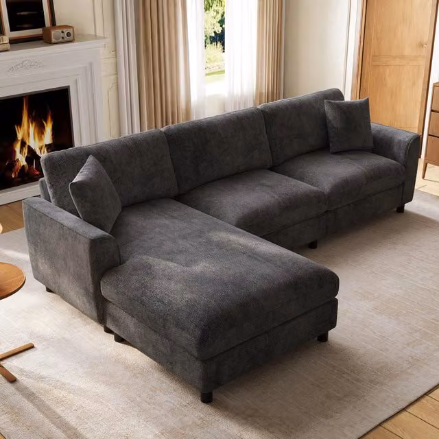 Divano angolare effetto nuvola 3 posti 256x137x79 cm; divano modulare convertibile con grande chaise longue; superficie letto 90 cm; ciniglia; grigio