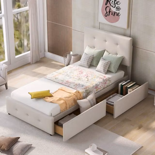 Letto singolo imbottito 90x200 cm con 2 cassetti; rete a doghe e testiera; velluto beige; senza materasso