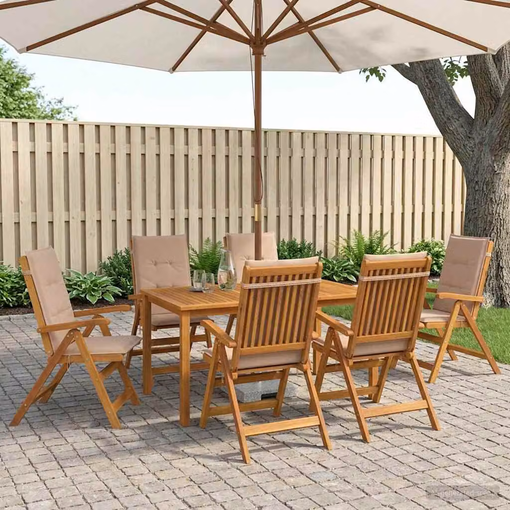 Set da pranzo da giardino vidaXL in legno di acacia naturale con 7 pezzi per 6 persone e cuscini beige e marroni