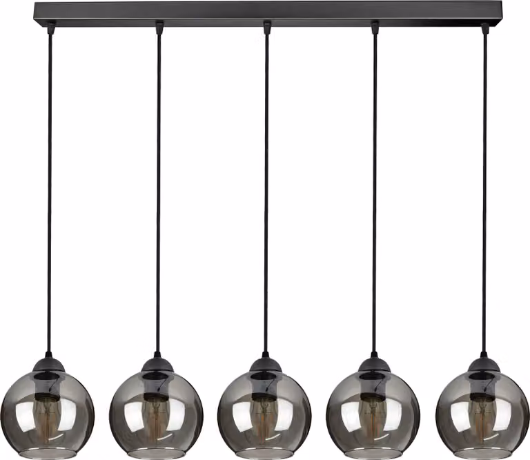 Lampada a sospensione con 5 paralumi in vetro nei colori nero e trasparente, 5x E27