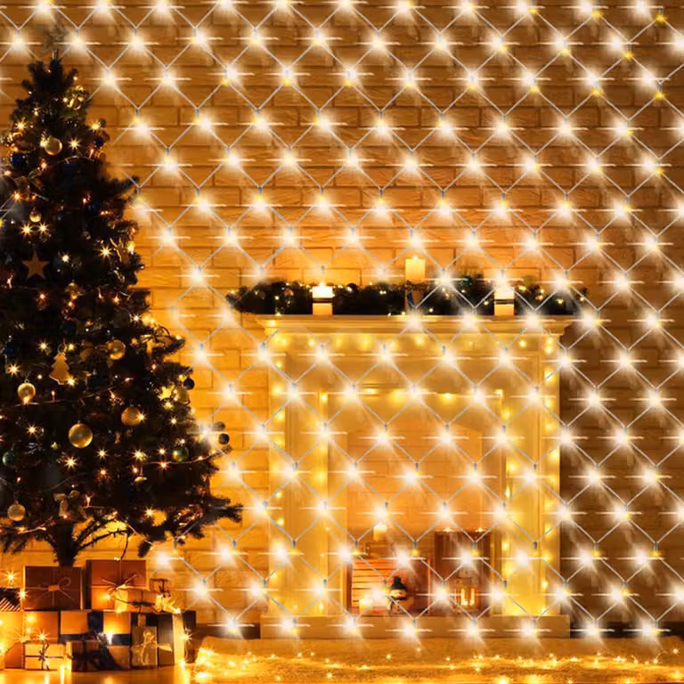 Ikodm, rete di luci LED, 1,5x1,5 metri, luce bianca calda, catena luminosa, decorazione natalizia, tenda luminosa per interni, 8 modalità, 96 LED