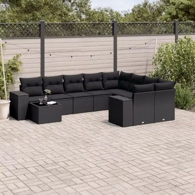 Set Divani da Giardino 10pz con Cuscini in Polyrattan Nero 3223054