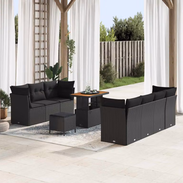 Set Divano da Giardino a L vidaXL con 10 Cuscini e Tavolino, Nero