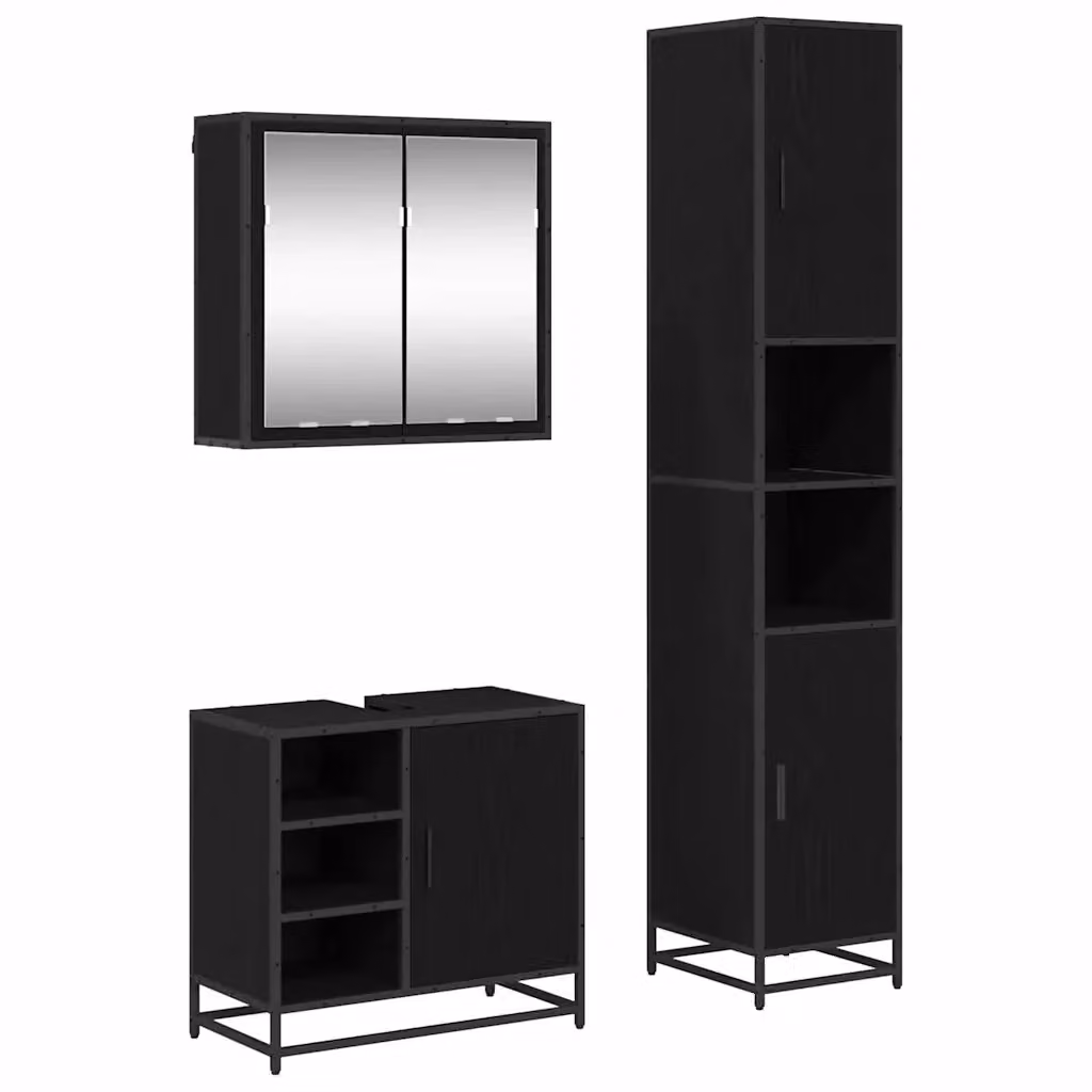 Set di mobili per il bagno moderno vidaXL in 3 pezzi, Rovere e Nero, con armadietto a specchio e mobile lavabo a parete – 2