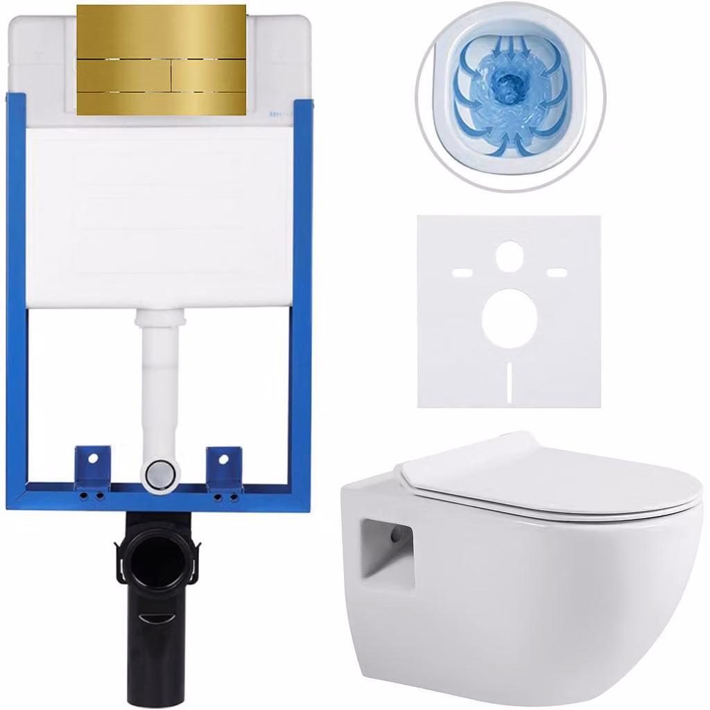 Set completo per WC sospeso Lite/Dure - bianco lucido - pulsante per WC Line, dorato - da incasso - 51x35 cm