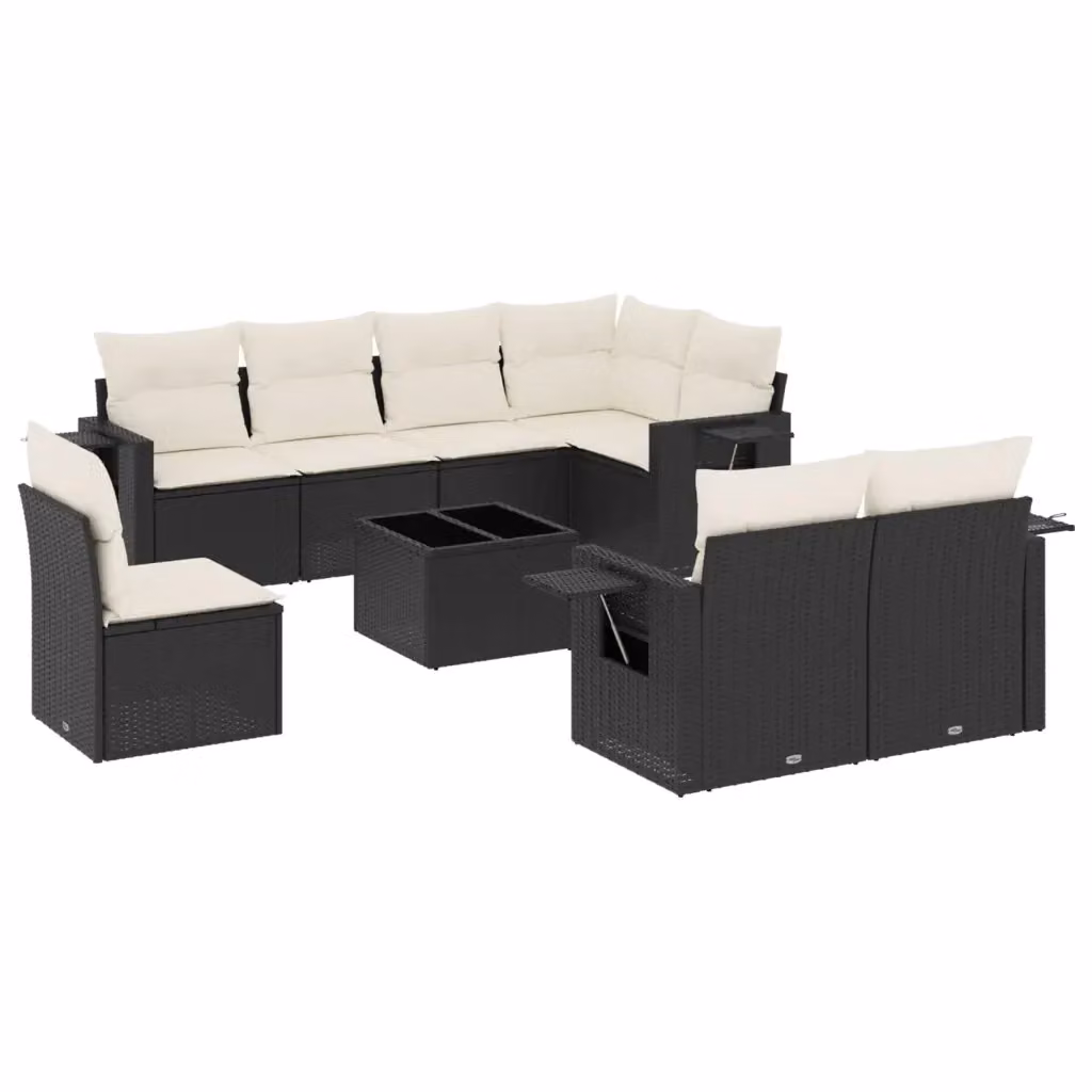 Set di divani da giardino vidaXL in polyrattan nero con cuscini e tavolino da esterno a forma di L – 2