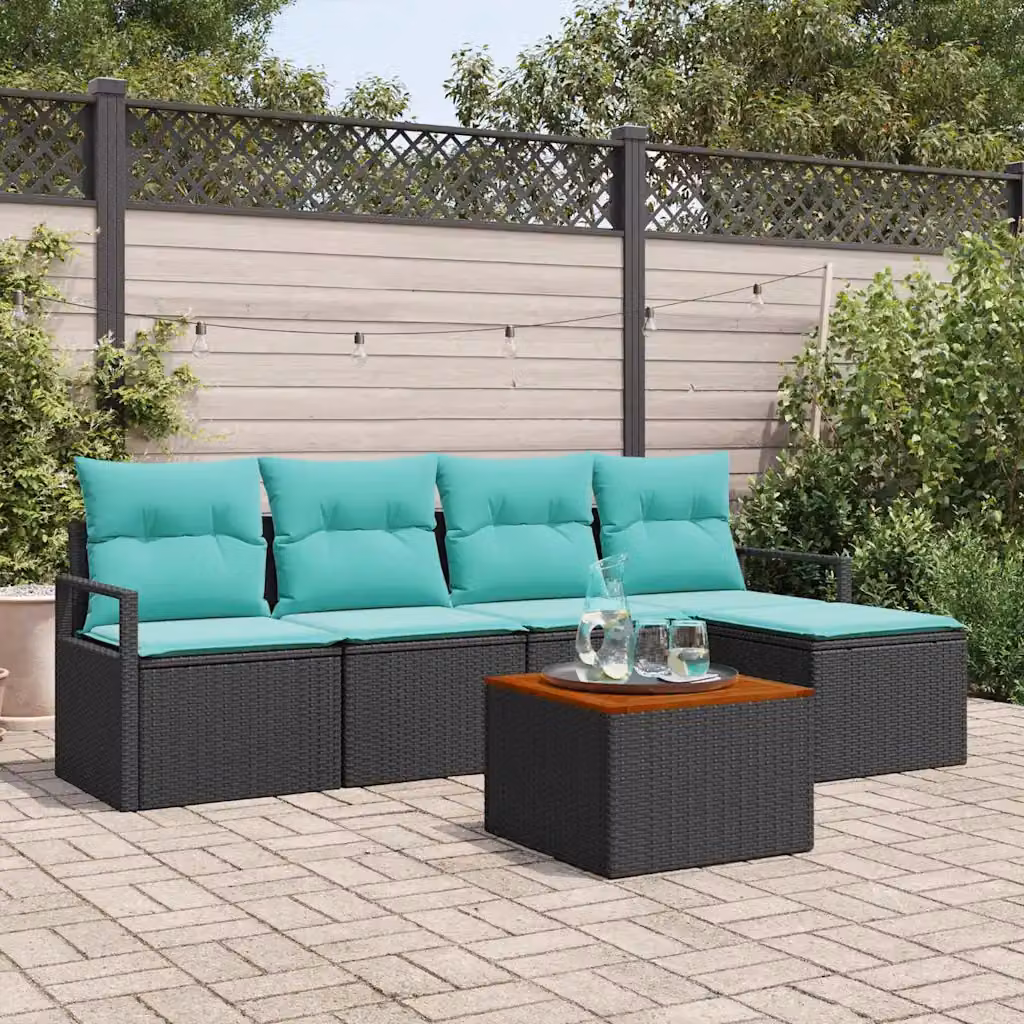 Set Divano da Giardino vidaXL 6 Pezzi in Polyrattan con Cuscini Turchesi e Struttura in Acciaio Nero
