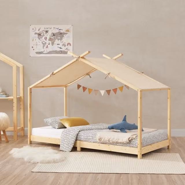 Letto Singolo Brome en.casa a Forma di Casetta in Legno di Pino Naturale per Cameretta Bambini L/P/H: 206 x 90 x 146 cm
