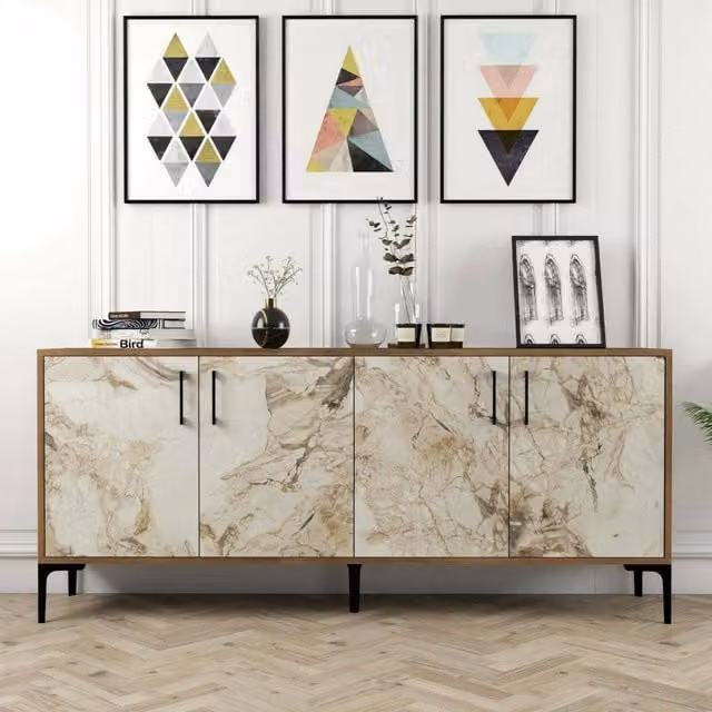 Credenza Agape, Buffet da soggiorno, Madia da salotto, Dispensa da cucina, 180x35h78 cm, Noce e Bianco Marmo
