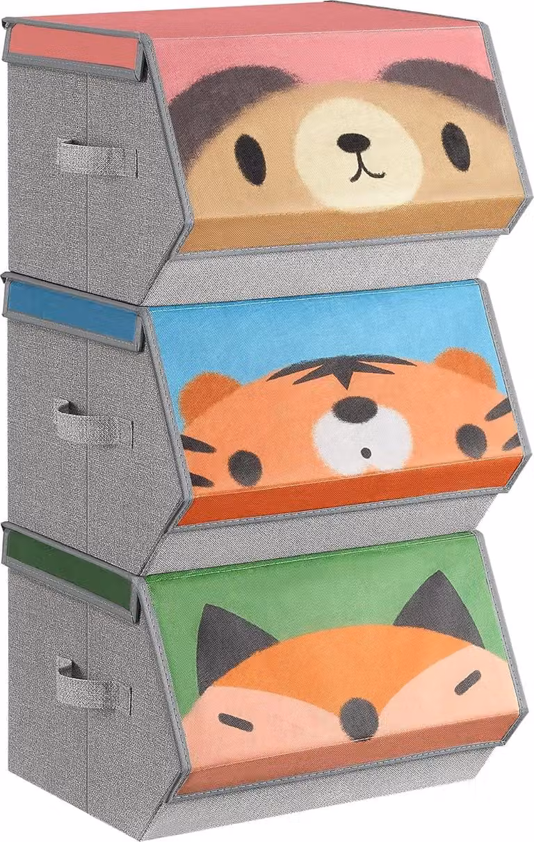 Scatole portaoggetti, set di 3, scatole pieghevoli, scatole in tessuto con manici, organizer, coperchio magnetico, per la camera dei bambini, stanza dei giochi, motivi animali, rosa, blu, verde e grigio