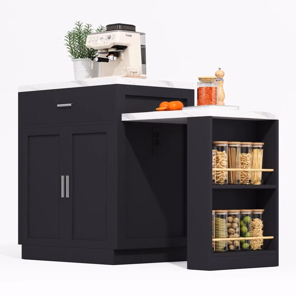 Isola da cucina moderna con tavolo da pranzo estraibile, 2 cassetti e prese USB, finitura opaca nera, L: 211 cm, P: 55 cm, H: 89.5 cm – 2