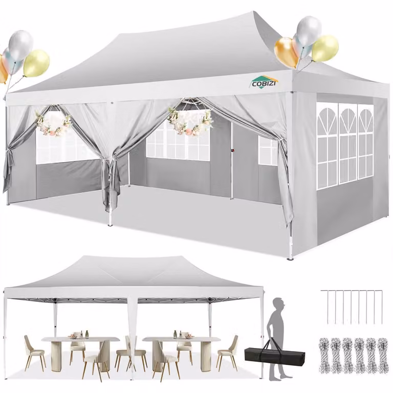 Gazebo da esterno 3x6 metri, impermeabile, stabile, con 6 pannelli laterali, colore bianco