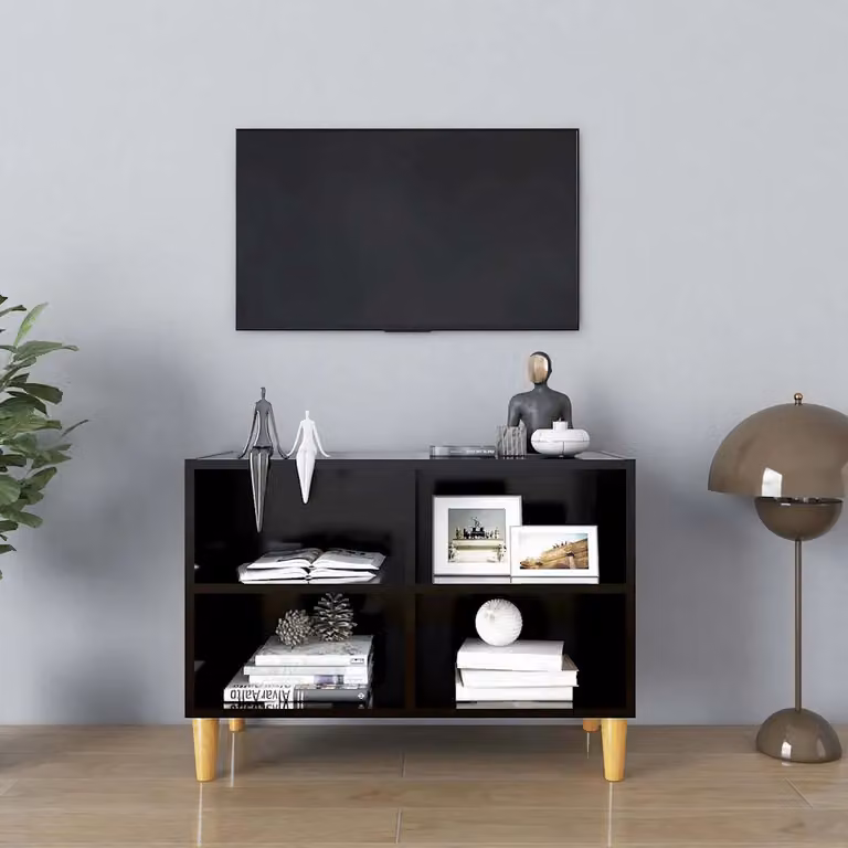Mobile TV vidaXL in stile scandinavo con gambe in legno massello nero, L 69,5 cm x P 30 cm x H 50 cm