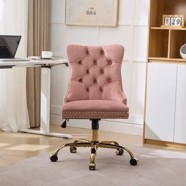 Sedia da Ufficio Xylo in Velluto Rosa con Base in Metallo Dorato Girevole