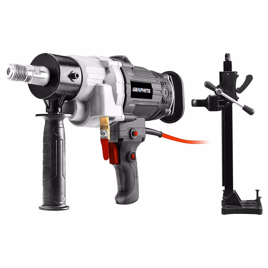 Trapano diamantato GRAPHITE 2.200 W; 2.000 giri/min; mandrino con diametro di 1 ¼"; accessori: stativo, impugnature, poggia spalla, foratura a umido in pietra, asfalto, cemento armato