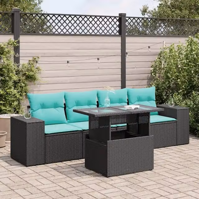 Set Divani da Giardino 5 pz con Cuscini Nero Polyrattan Acacia 3326718