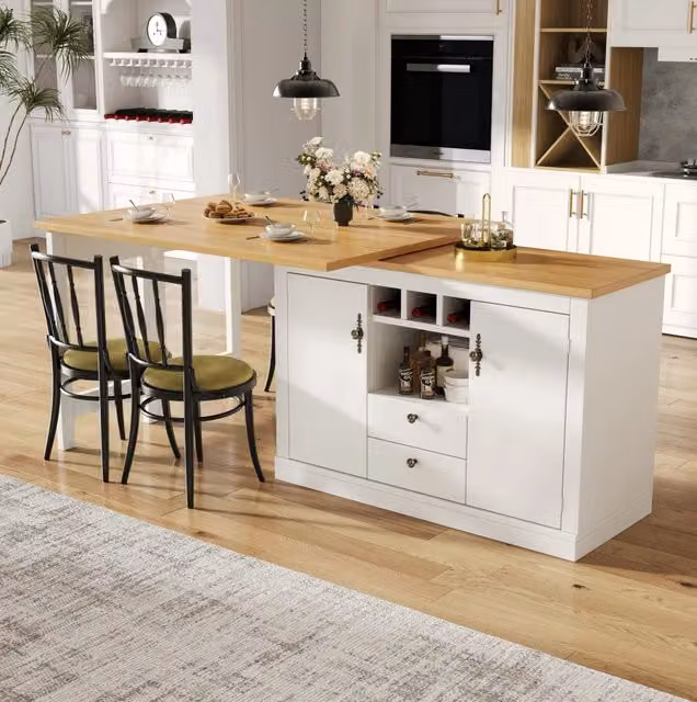 Tavolo Bar Estensibile REDOM Bianco con Piano Girevole in MDF e Metallo