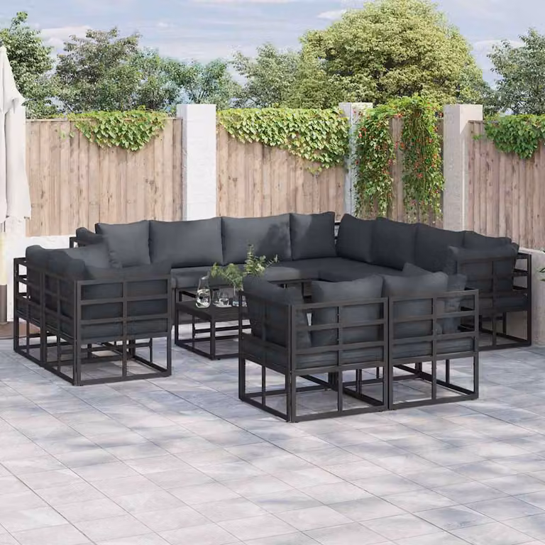Set Divano da Giardino Moderno vidaXL 11 Pezzi in Alluminio Verniciato Nero con Cuscini e Tavolino