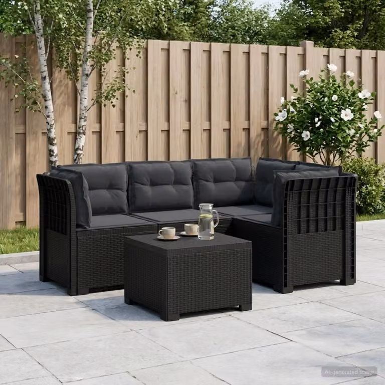Set da giardino vidaXL moderno a forma di L con divano angolare, tavolino e cuscini in polyrattan colore antracite e nero