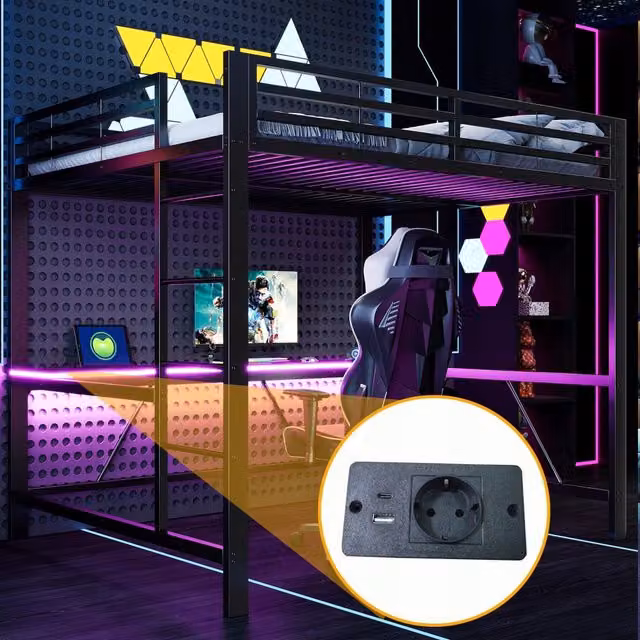 Letto a castello gaming con LED e USB - Xylo - 160x200 cm - Nero