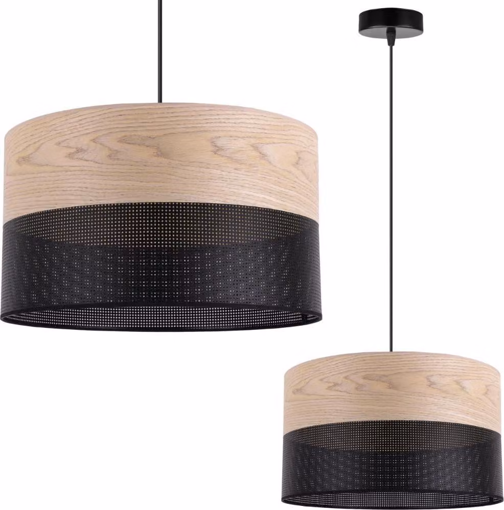Lampada a sospensione singola, paralume classico impiallacciato rovere, 35 cm