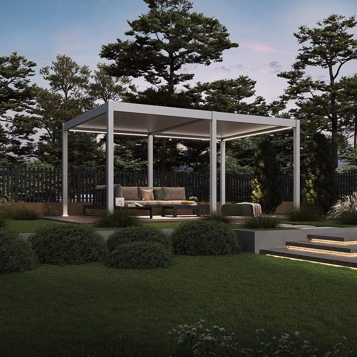 Pergola elettrica Weide E-Deluxe interamente in alluminio, 3,6x5,3 m, con tetto a lamelle bianco