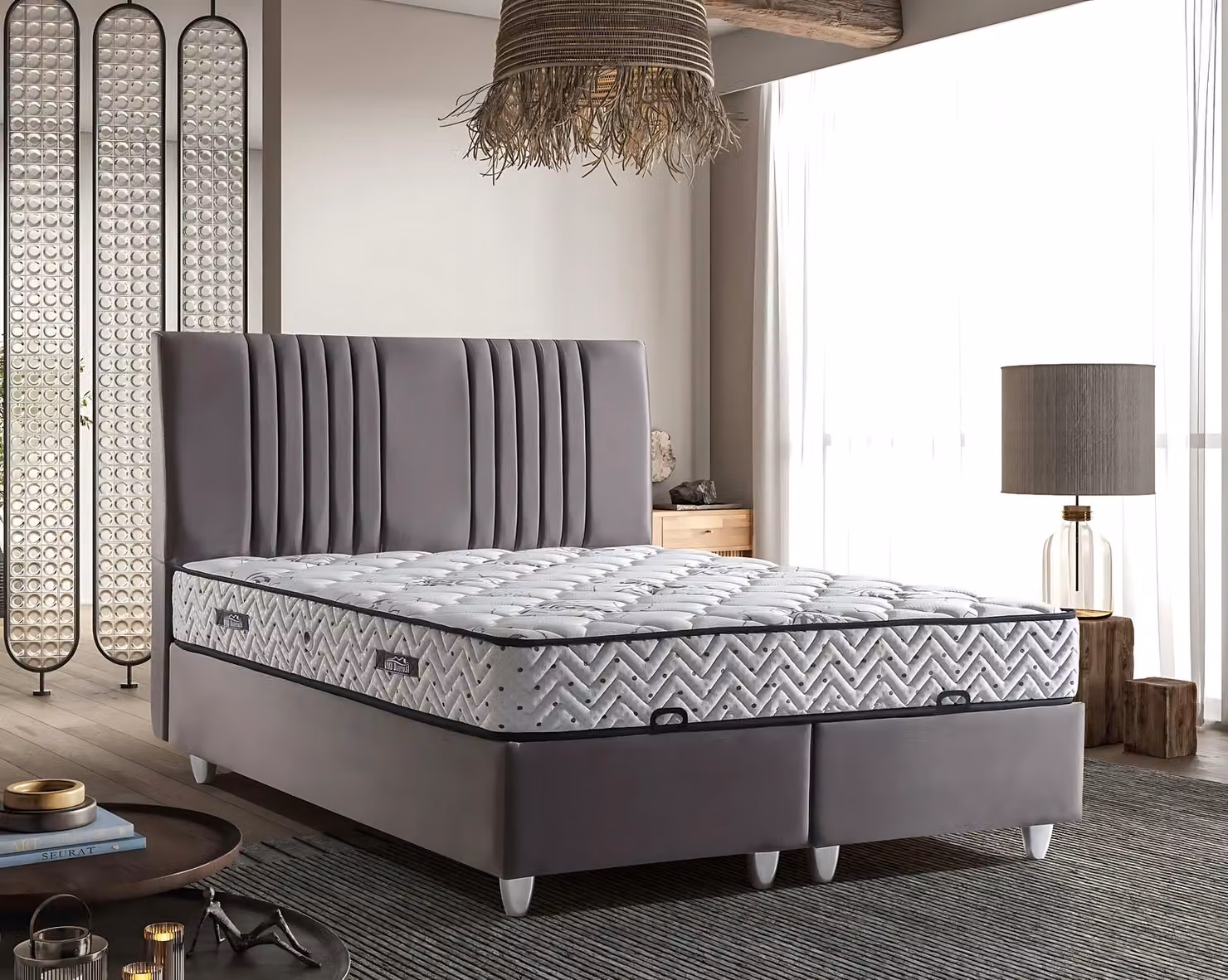 Grau Textilbett mit Matratze modernes Design