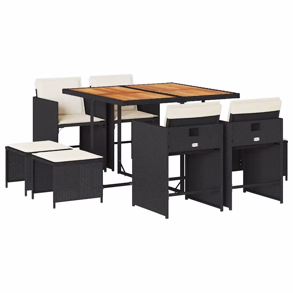 Set da pranzo da giardino vidaXL in polyrattan e legno di acacia con 9 pezzi e cuscini nero – 2