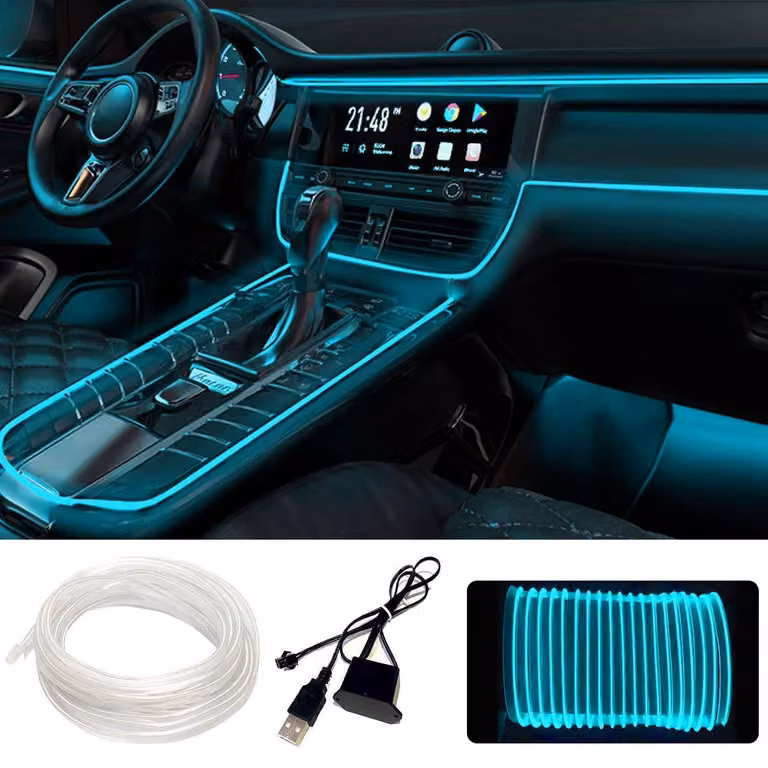 Illuminazione interna LED per auto, 5 metri, impermeabile, strisce luminose per interni, con nastro adesivo, alimentazione USB