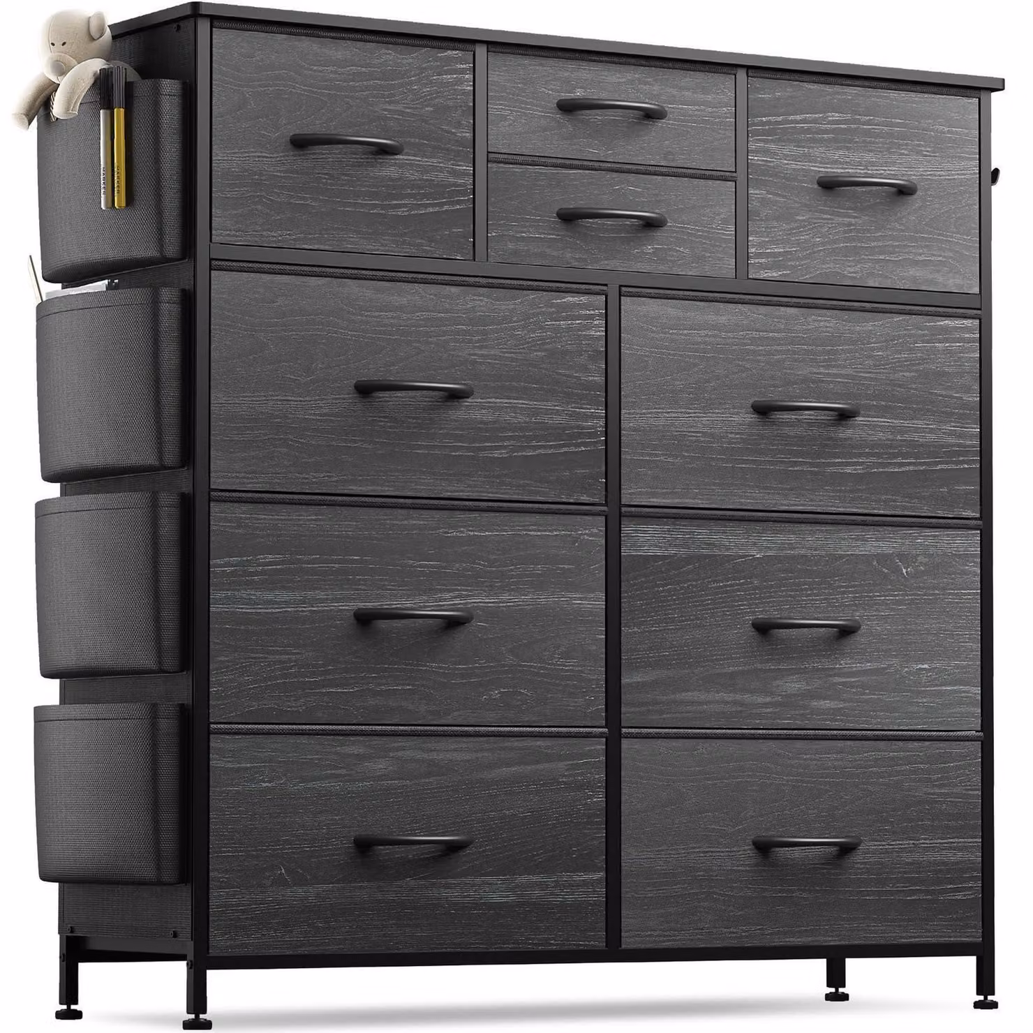 Comodino con 10 cassetti rivestiti in tessuto, piano in legno, struttura in metallo, tasche laterali e ganci, colore nero, dimensioni 98,8 x 100 cm