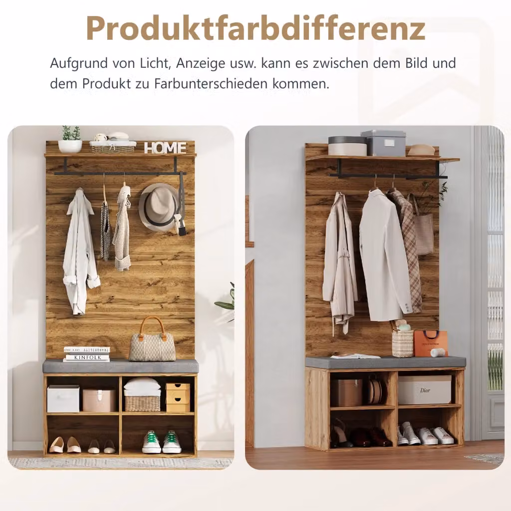 Guardaroba da ingresso REDOM con panca e appendiabiti, colore marrone, L: 84 cm, P: 35 cm, H: 175 cm – 2
