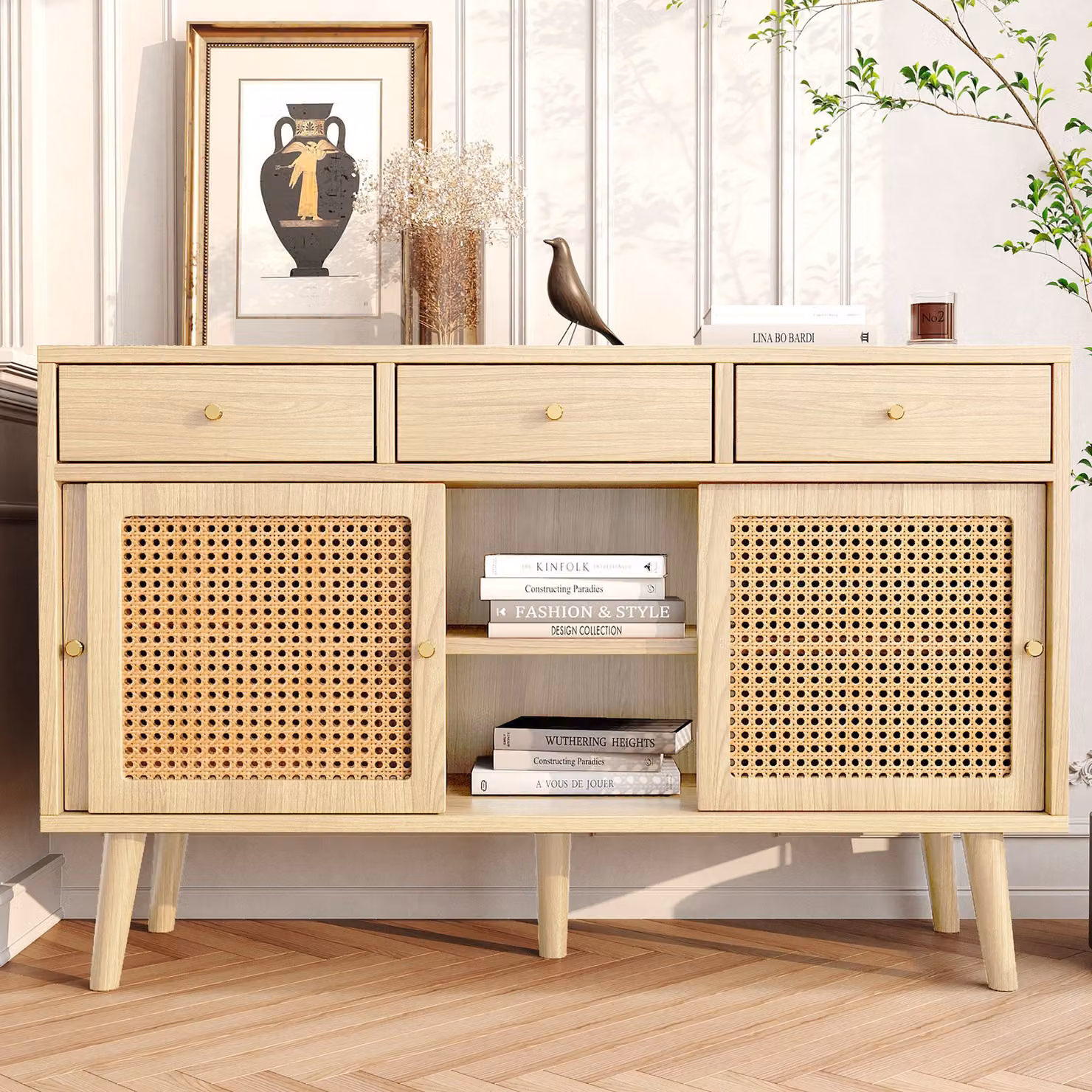 Credenza Aosom per Cucina o Soggiorno in Effetto Rovere con Dettagli in Rattan, 3 Cassetti e 3 Ante Scorrevoli e Maniglie in Metallo Dorato, Colore Beige e Marrone – 2