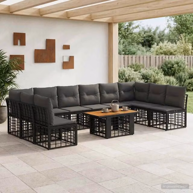 Set Divano da Giardino 11 pz Nero e Grigio scuro polyrattan 3437899