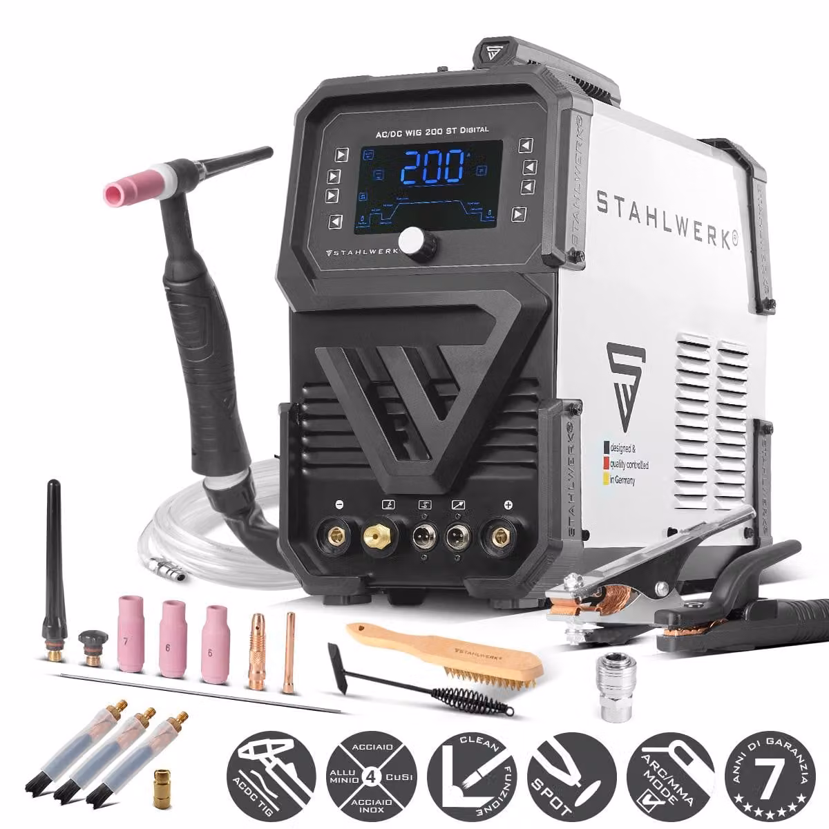 STAHLWERK saldatrice ad arco schermata da gas 3 in 1 Combi AC/DC TIG 200 ST Digital - TIG e MMA fino a 200 A, modalità clean per la pulizia elettrochimica