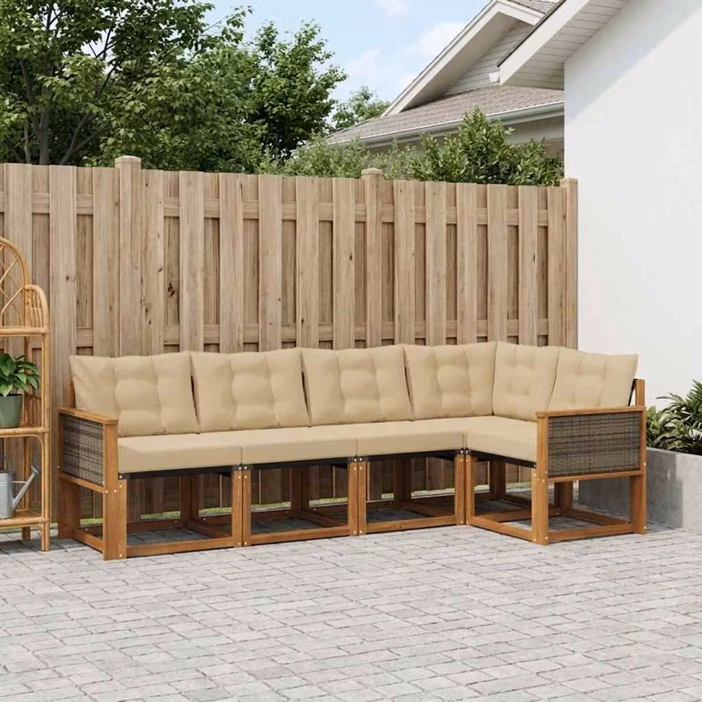 Set di divani da esterno vidaXL a forma di L composto da 5 pezzi in legno di acacia con cuscini beige e marrone